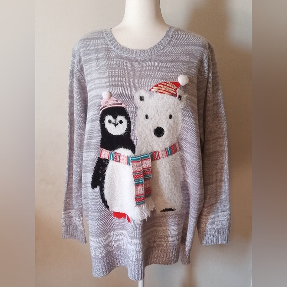 Holiday Time Gray Sweater with Penguin and Polar Bear Women's Size 4X - Picture 1 of 10